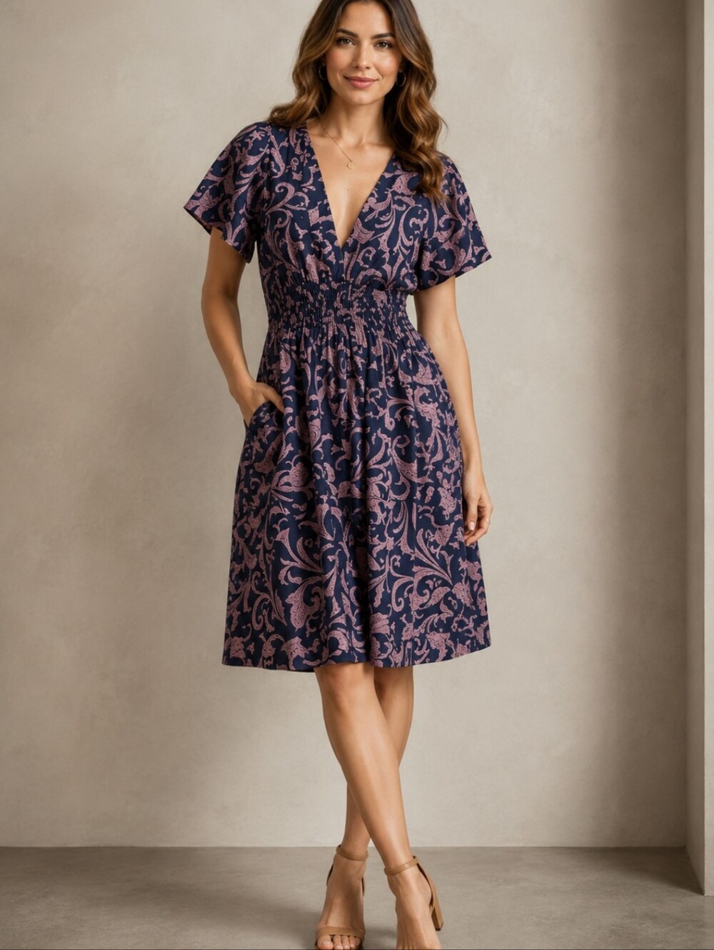 Anthropologie Floral Jacquard V-Neck Midi Dress
